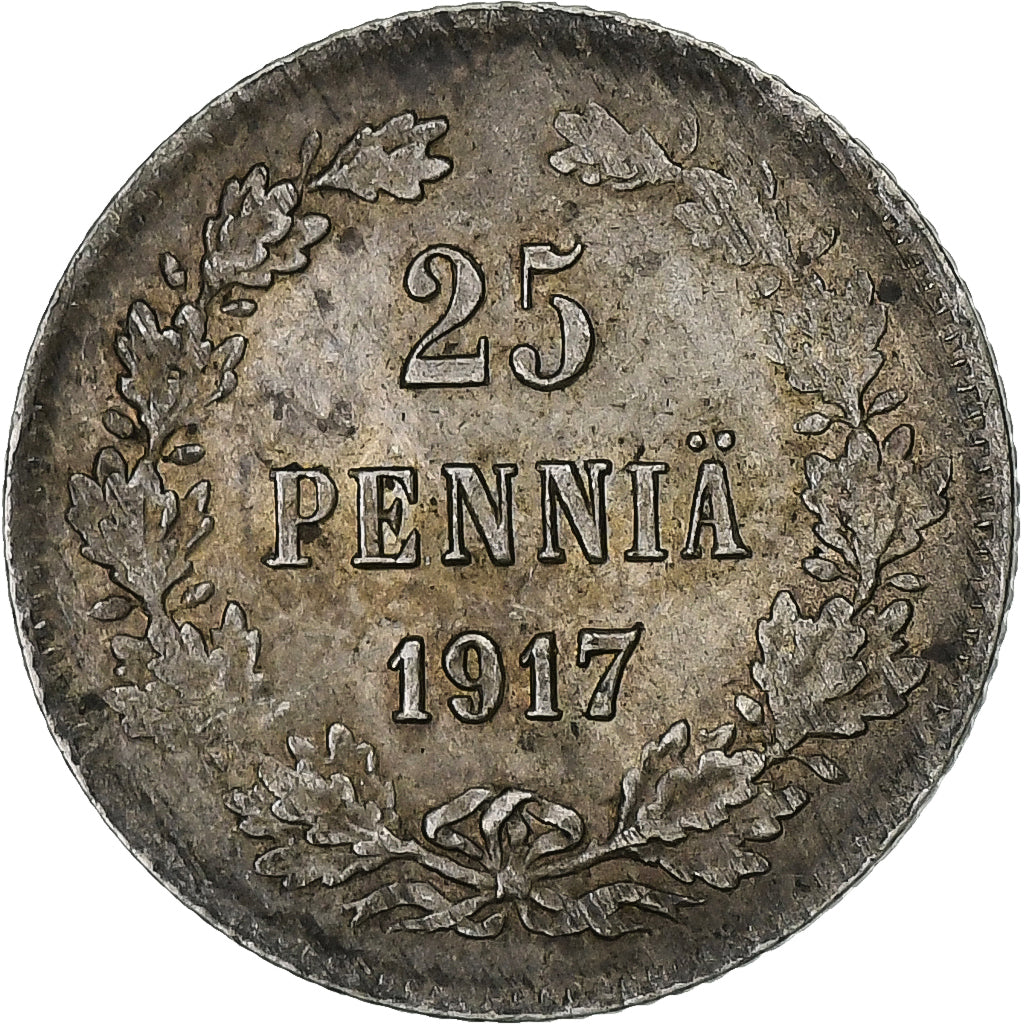 Finlandia, 25 Penniä, 1917, Helsinki, Srebro, AU(55-58), KM:19