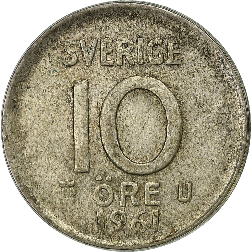 Zweden, Gustaf VI, 10 Öre, 1961, Zilver, FR+, KM:823