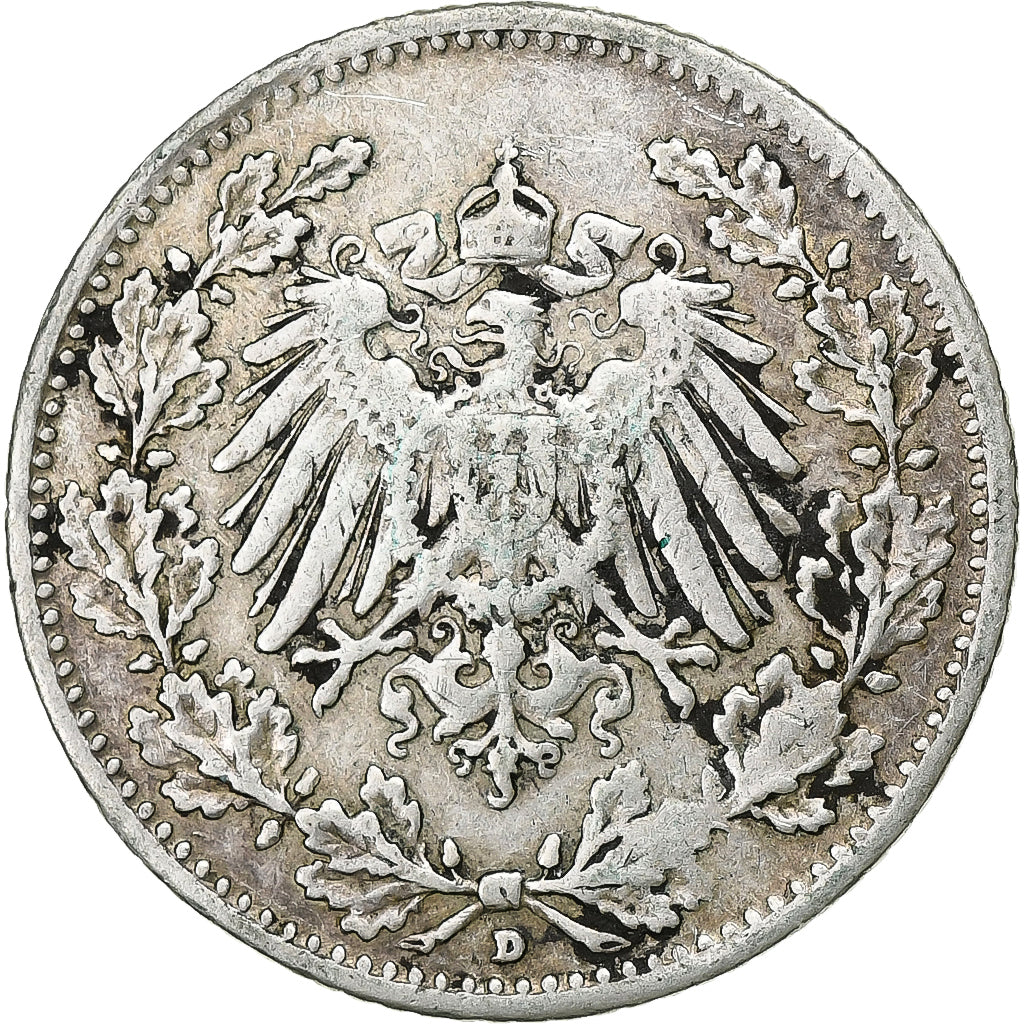 GERMANY - EMPIRE, 1/2 Mark, 1915, Munich, Silver, VF(30-35), KM:17