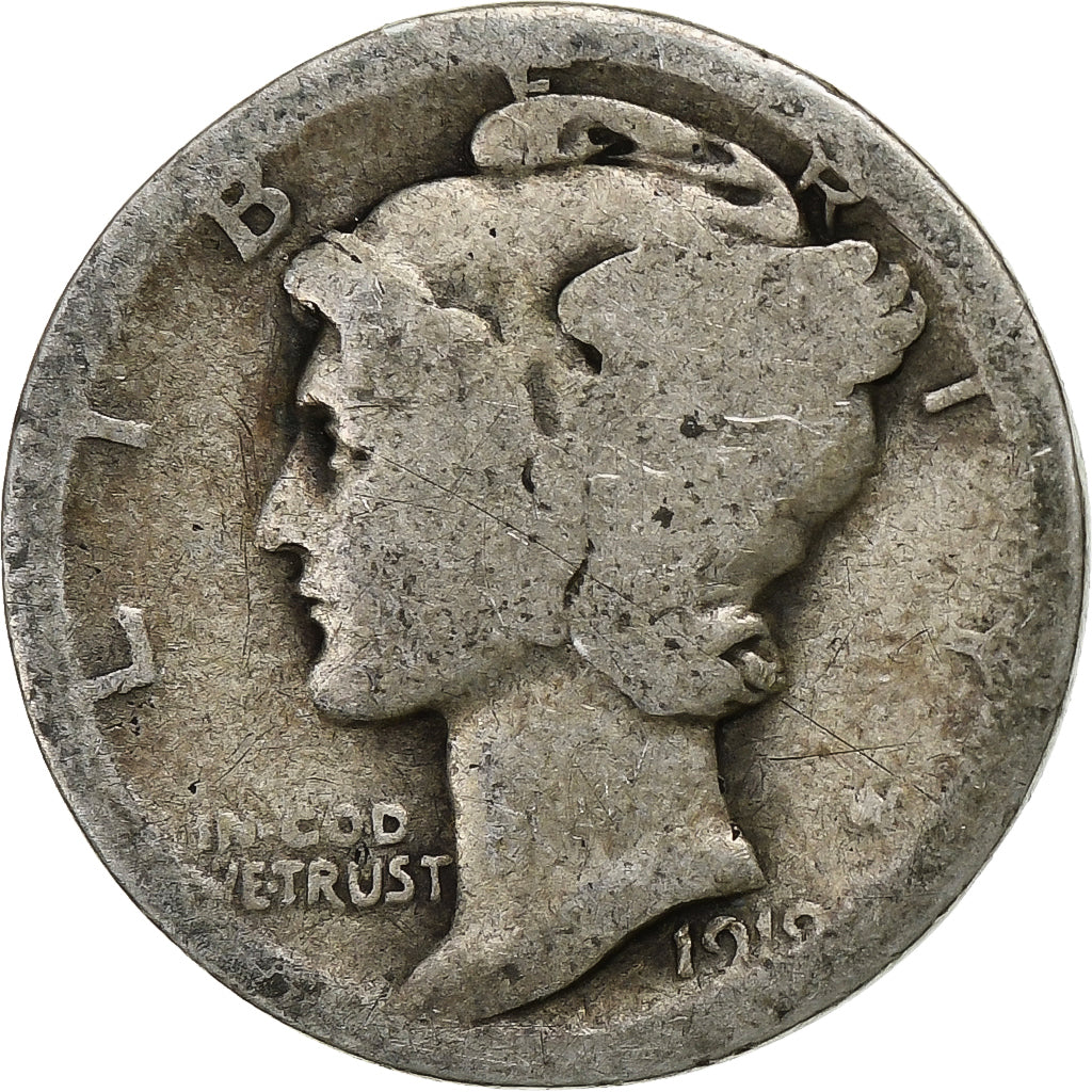 United States, Dime, Mercury Dime, 1919, U.S. Mint, Silver, F(12-15), KM:140