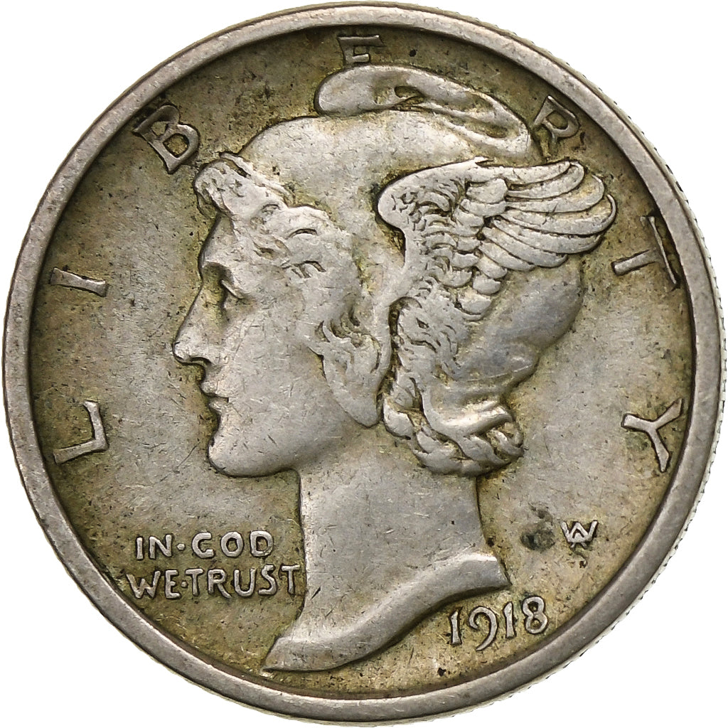 Stati Uniti, Dime, Mercury, 1918, Denver, Argento, BB, KM:140