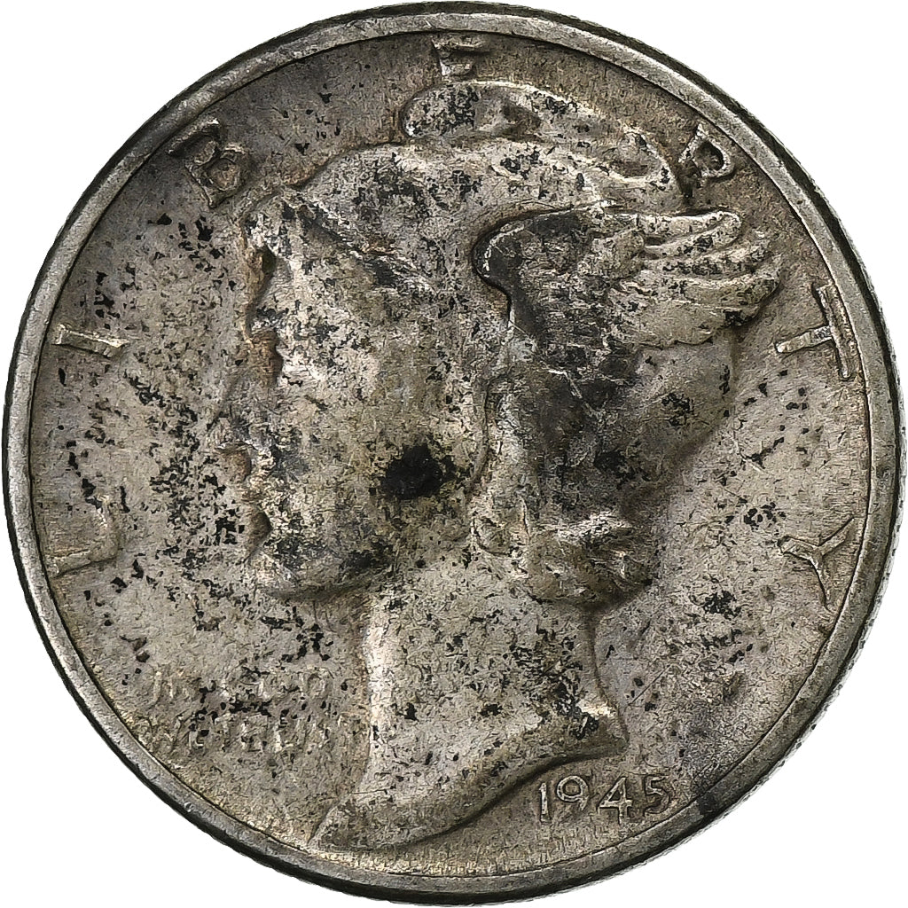 États-Unis, Mercury Dime, 1945, Philadelphie, Argent, TB+, KM:140