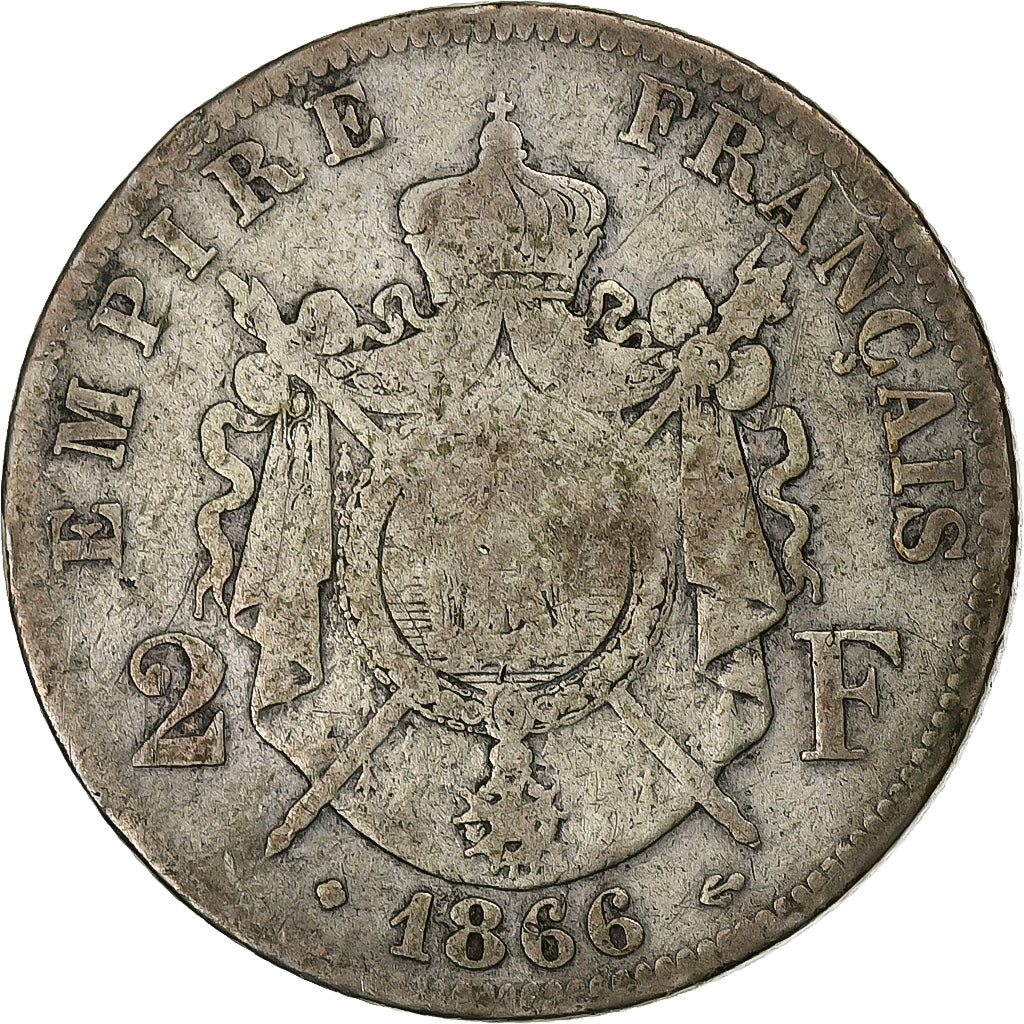 France, Napoléon III, 2 Francs, Napoléon III, 1866, Strasbourg, Argent, TB