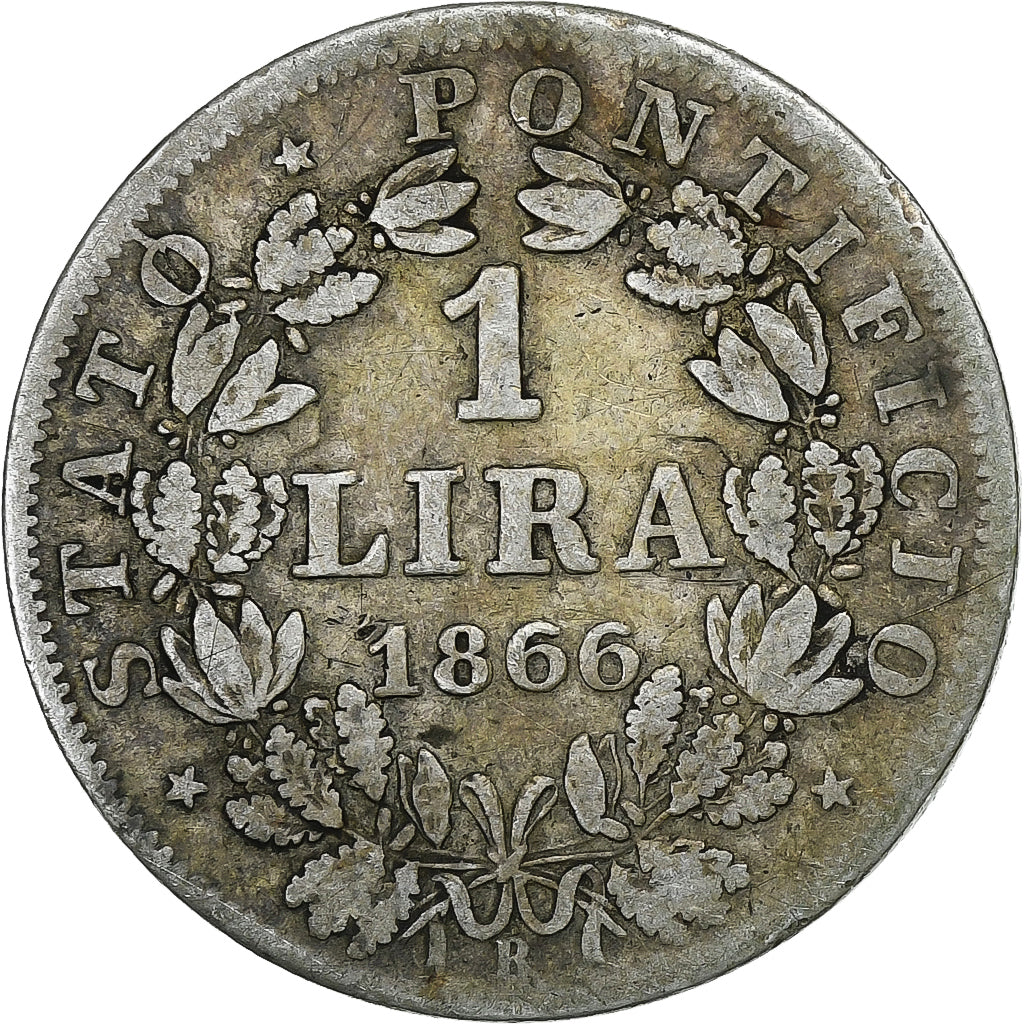 ITALIAN STATES, PAPAL STATES, Pius IX, Lira, 1866, Rome, VF(20-25), Silver
