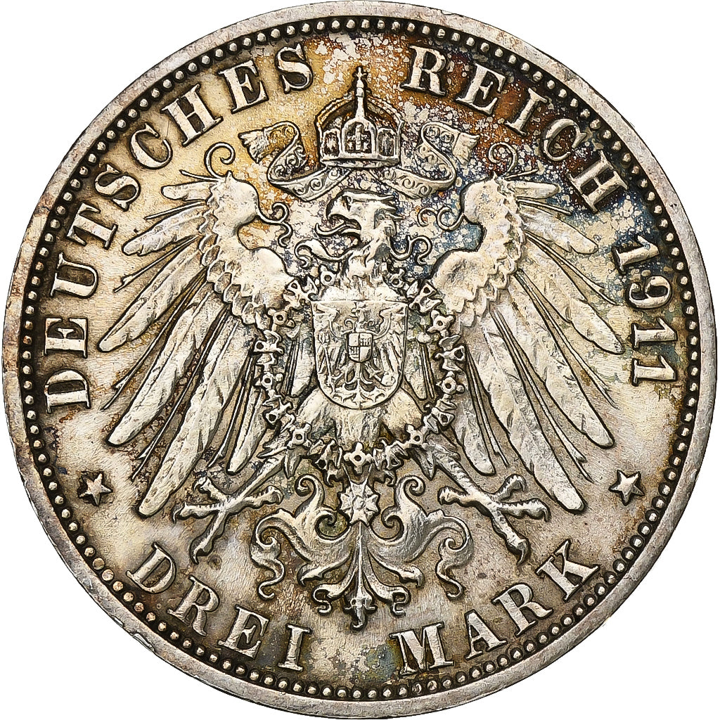German States, WURTTEMBERG, Wilhelm II, 3 Mark, 1911, Freudenstadt, Silver