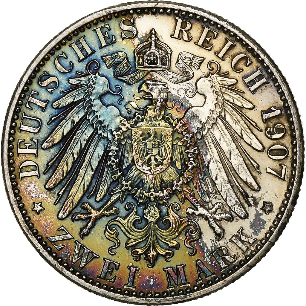 German States, BADEN, Friedrich I, 2 Mark, 1907, Silver, EF(40-45), KM:278