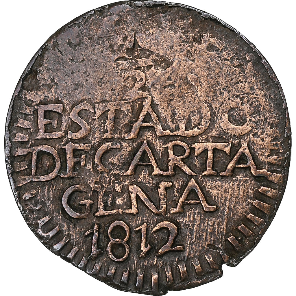 Colombia, 1/2 Réal, 1812, Cartagena, Copper, VF(20-25), KM:D2