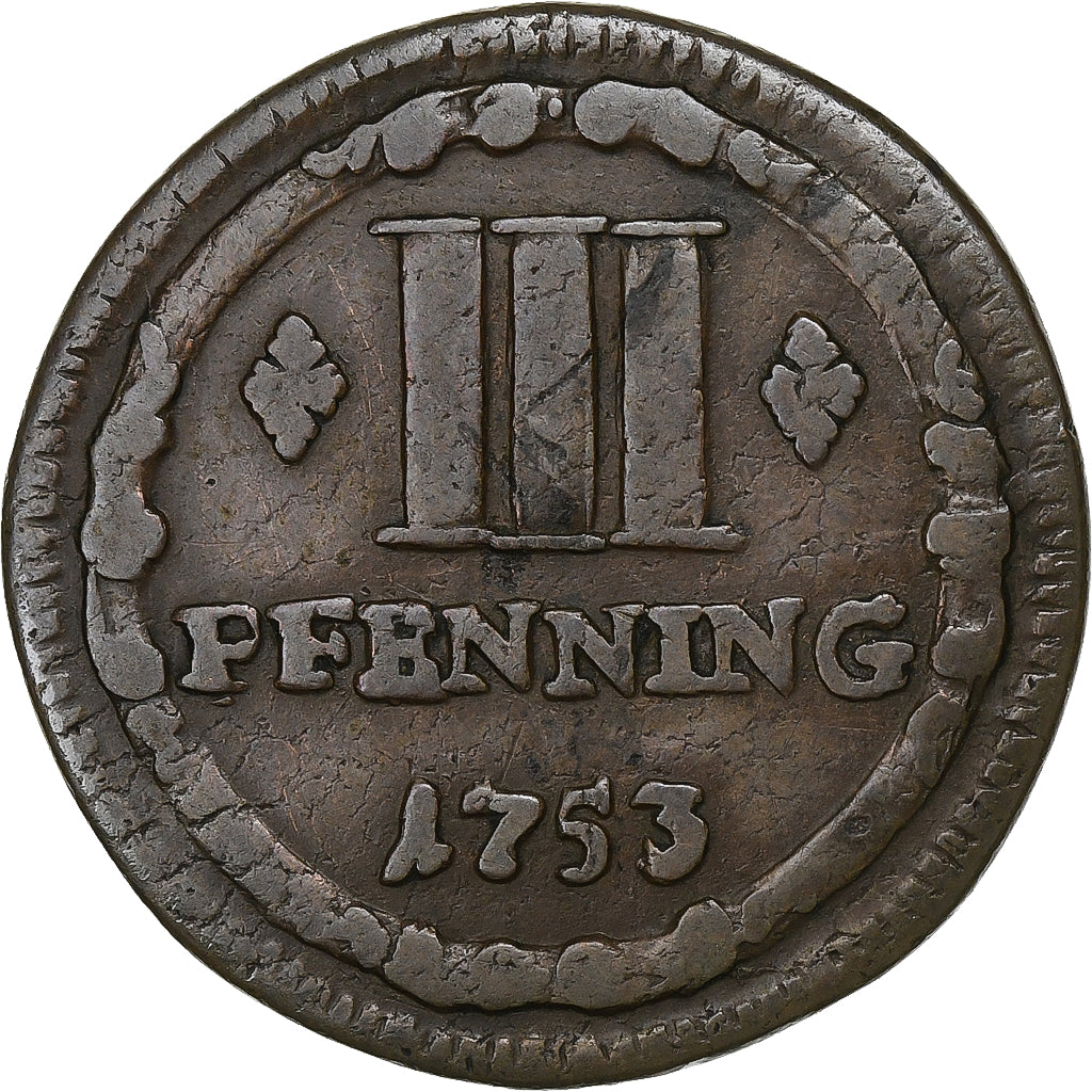 Stati tedeschi, MUNSTER, 3 Pfenning, 1753, Rame, MB+, KM:430
