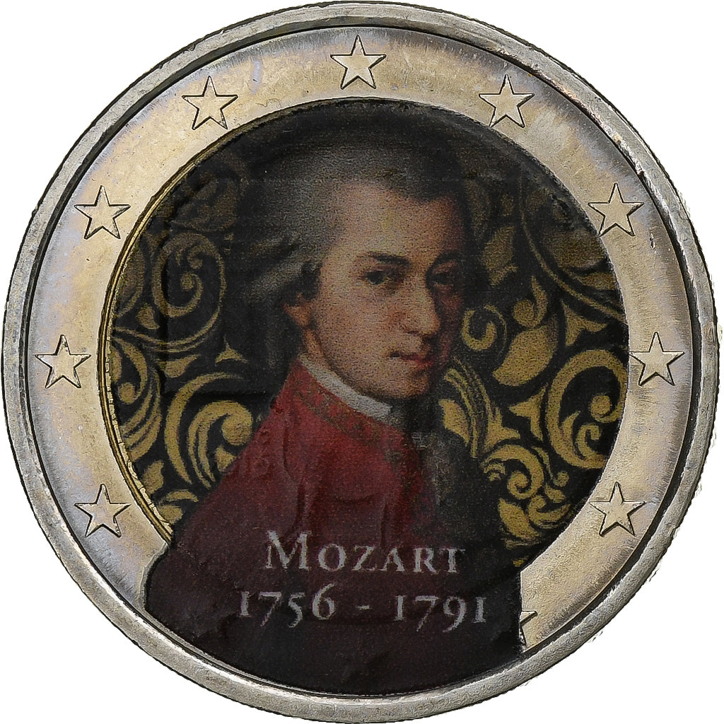 Austria, 2 Euro, Mozart, Colourized, Bimetálico, SC