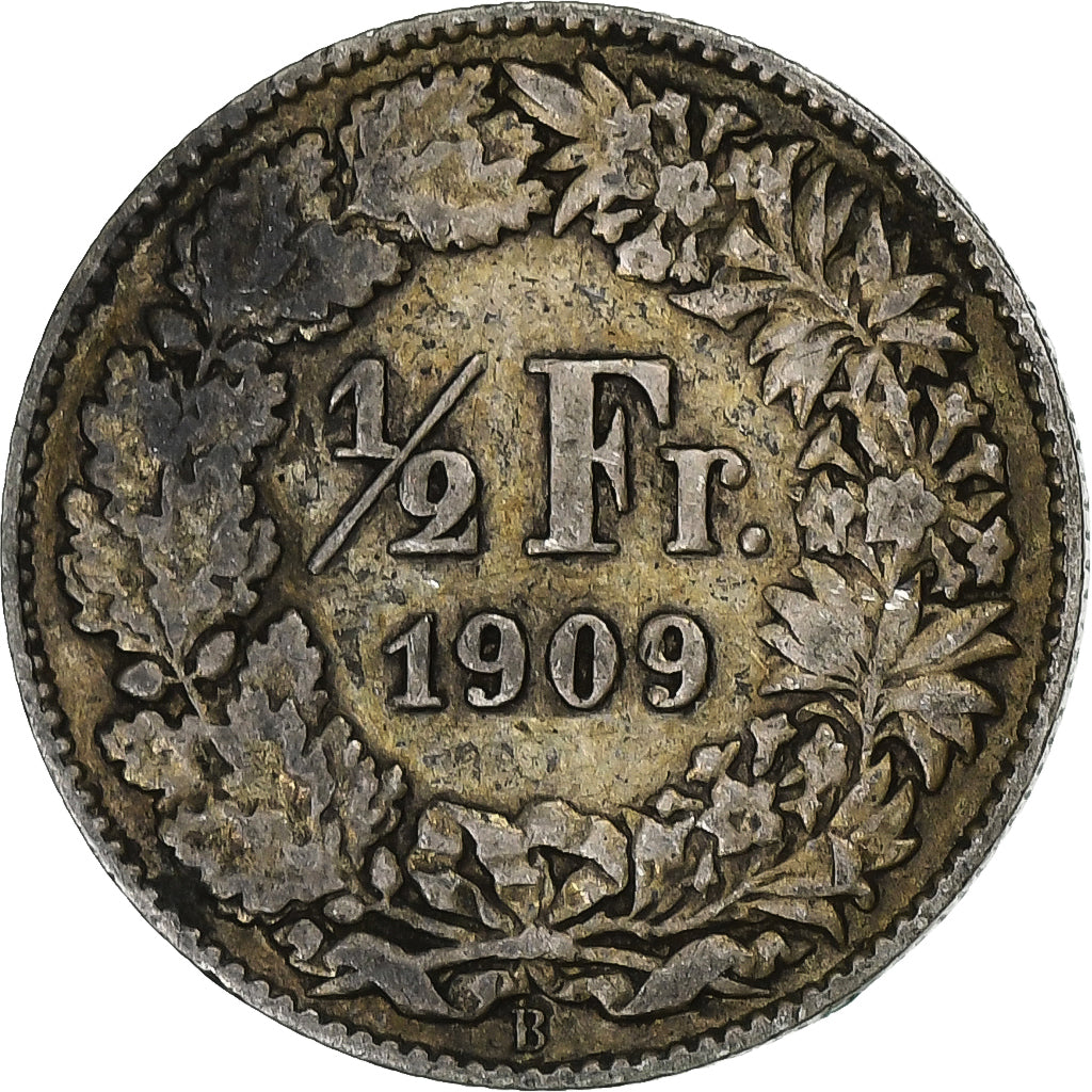 Suiza, 1/2 Franc, 1909, Bern, Plata, BC+, KM:23