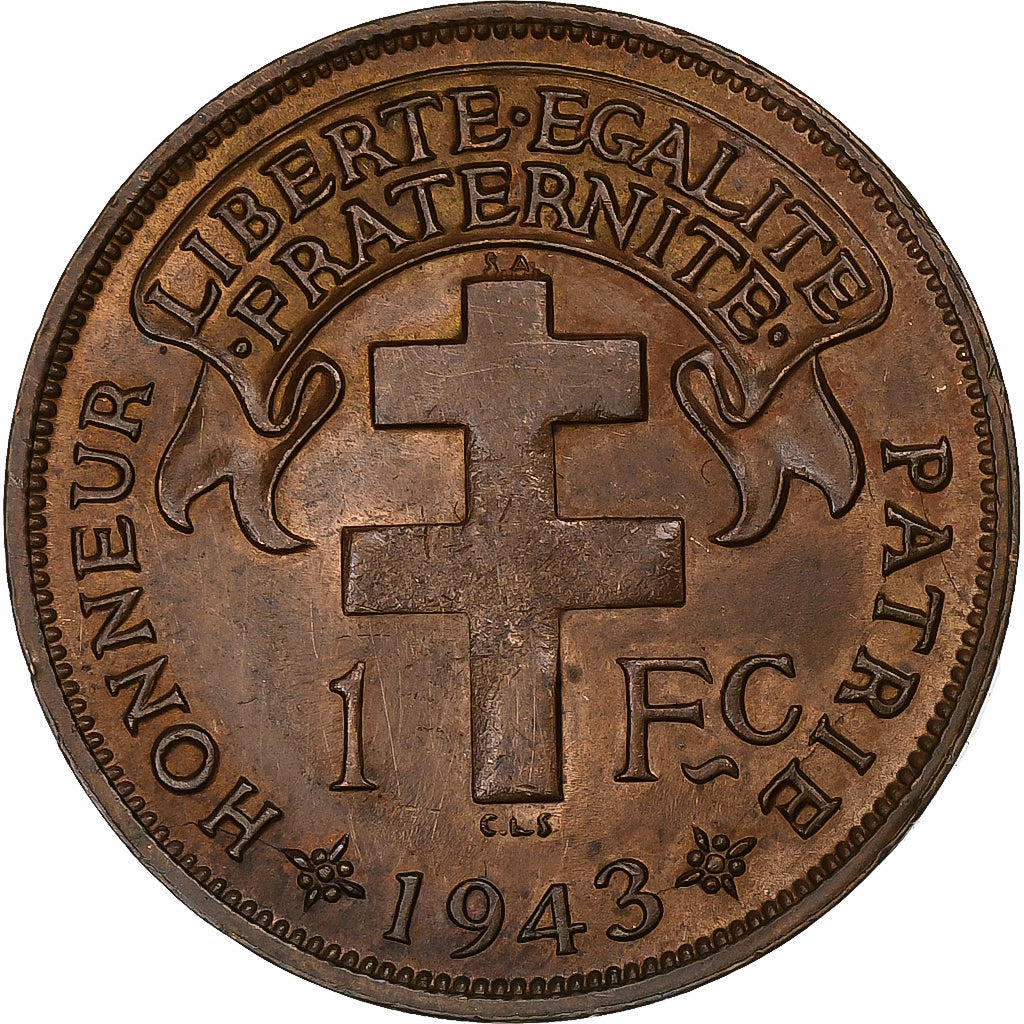 Madagascar, Franc, 1943, Pretoria, Bronze, SS+, KM:2