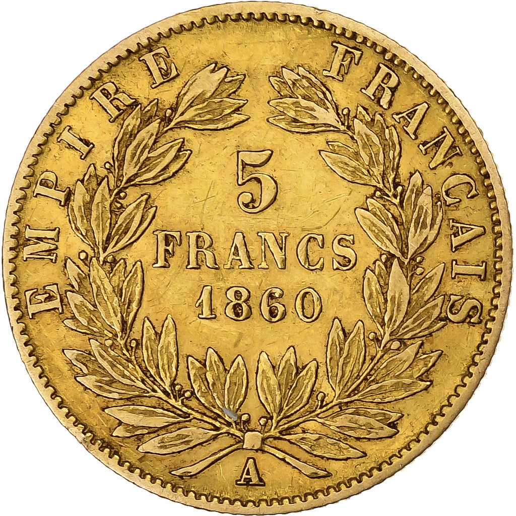 Frankreich, Napoleon III, 5 Francs, Napoléon III, 1860, Paris, Gold, SS
