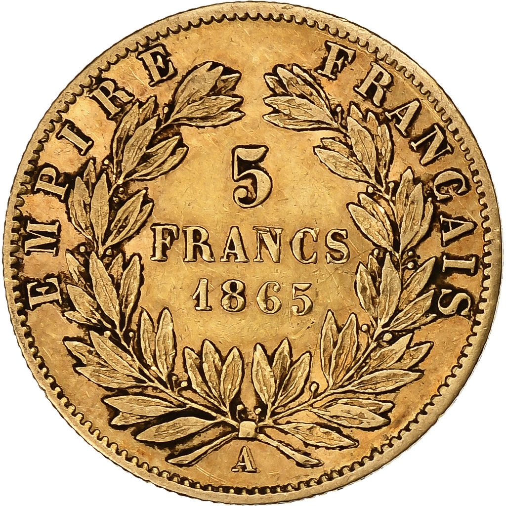 França, Napoleon III, 5 Francs, 1865, Paris, Dourado, VF(30-35), KM:803.1