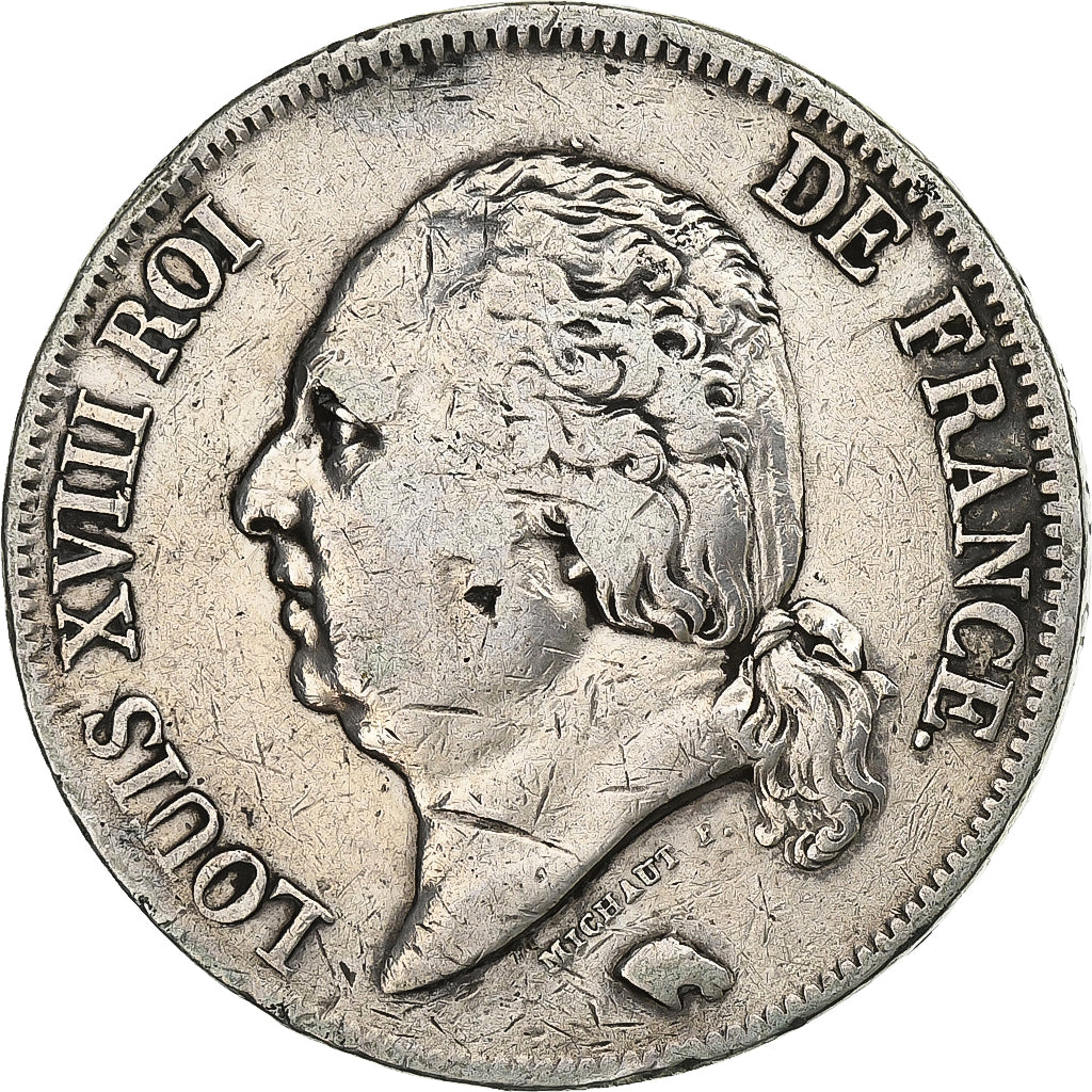 Francja, 5 Francs, Louis XVIII, 1823, Lyon, Srebro, VF(30-35), Gadoury:614