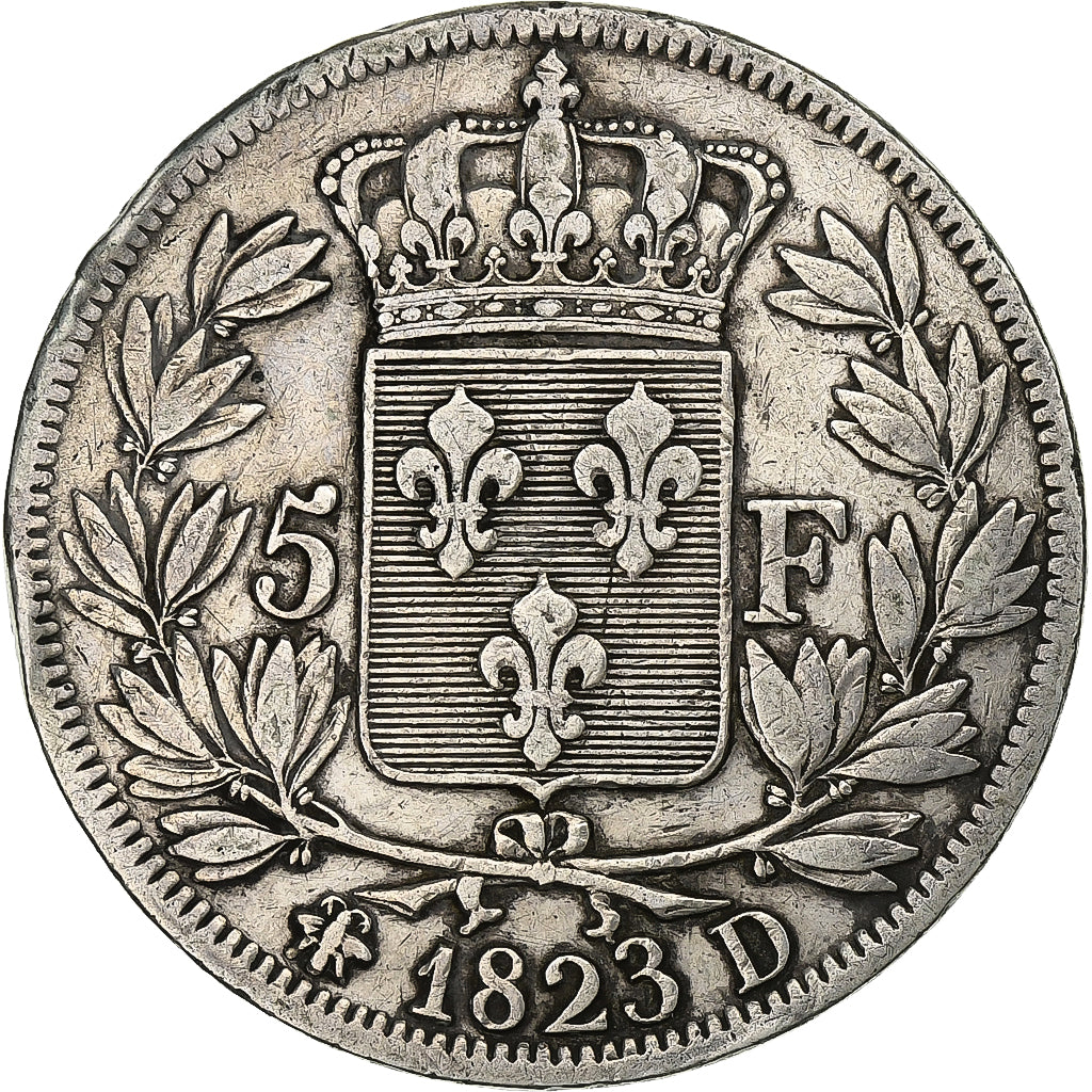 Francja, 5 Francs, Louis XVIII, 1823, Lyon, Srebro, VF(30-35), Gadoury:614