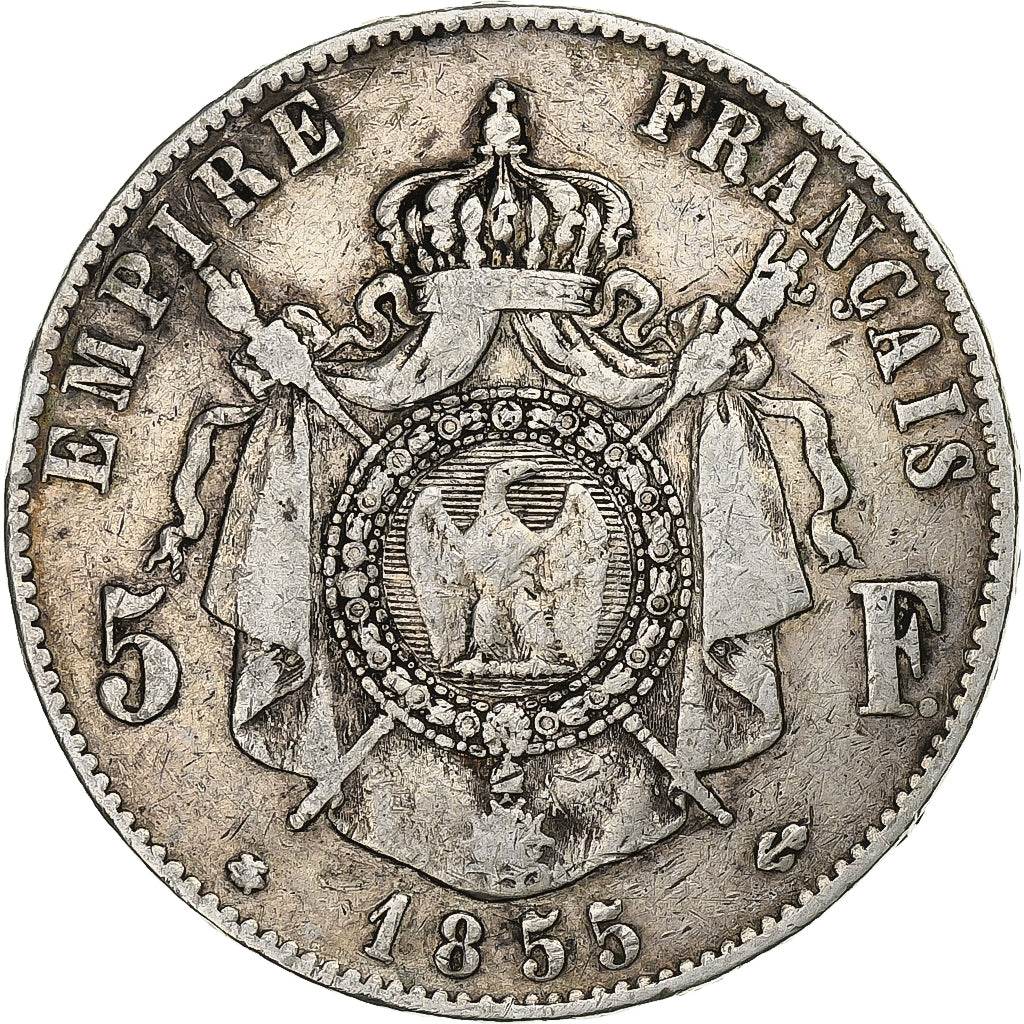 France, Napoleon III, 5 Francs, Napoléon III, 1855, Strasbourg, Silver