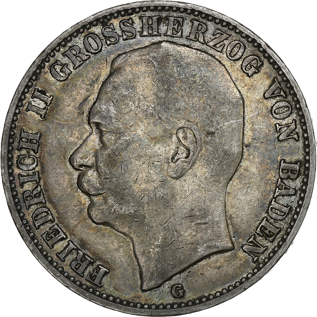 Germany, Grand-duchy of Baden, Friedrich II, 3 Mark, 1909, Karlsruhe, Silver