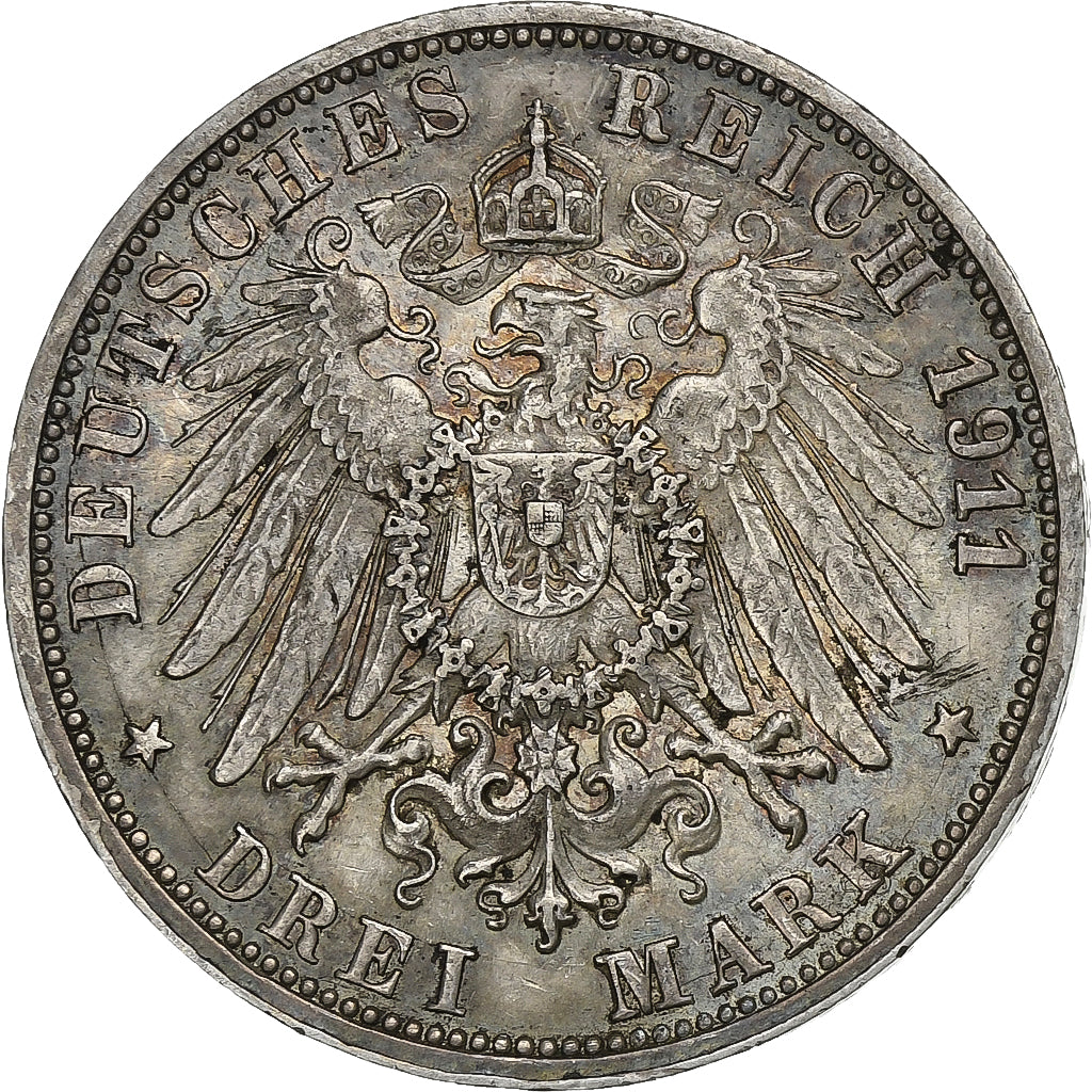 Estados Alemães, WURTTEMBERG, Wilhelm II, 3 Mark, 1911, Freudenstadt, Prata