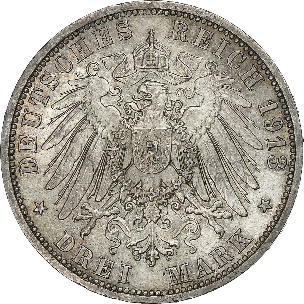 German States, PRUSSIA, Wilhelm II, 3 Mark, 1913, Berlin, Silver, AU(55-58)