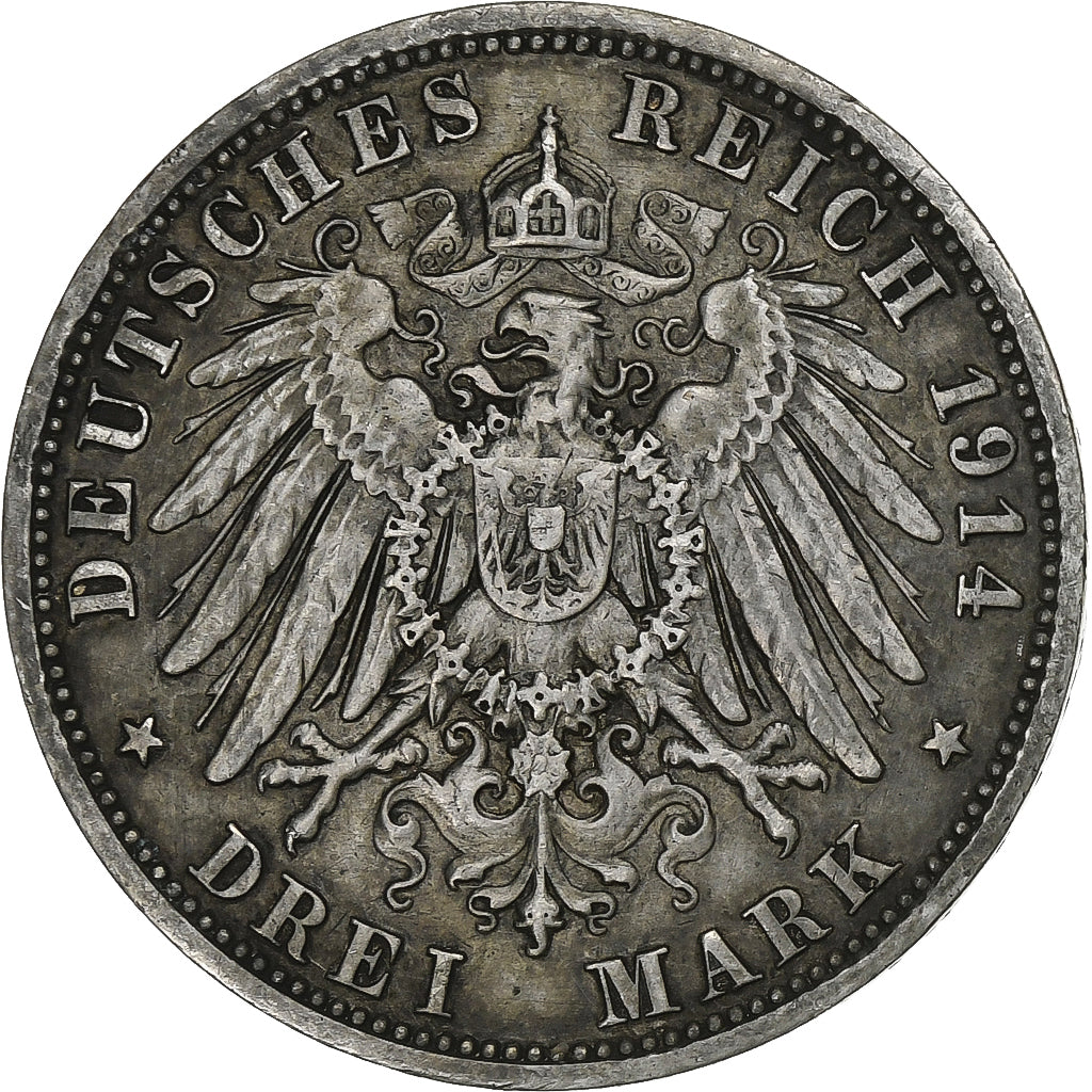 German States, PRUSSIA, Wilhelm II, 3 Mark, 1914, Berlin, Silver, EF(40-45)