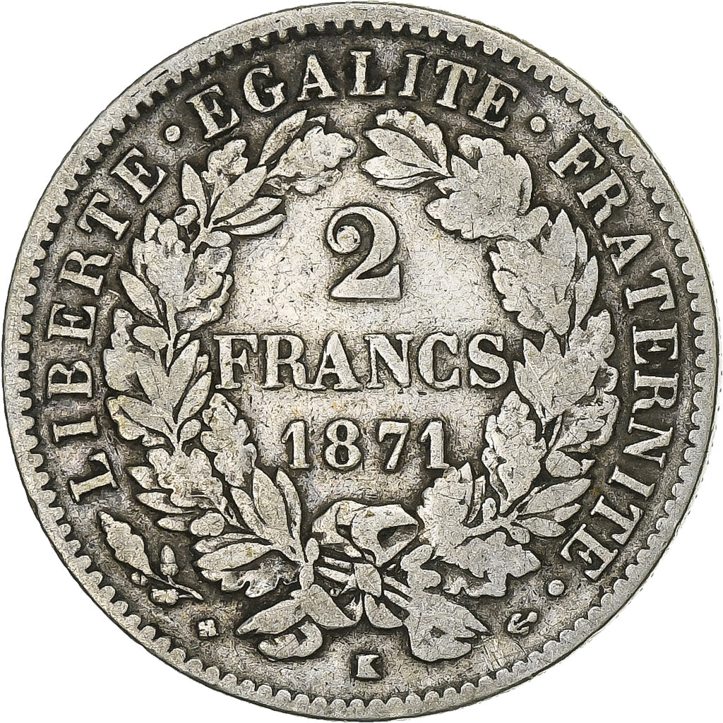 Frankreich, 2 Francs, Cérès, 1871, Bordeaux, Silber, S+, KM:817.2
