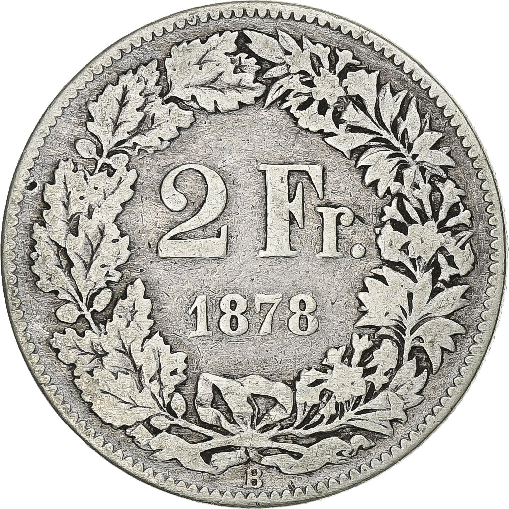 Suiza, 2 Francs, 1878, Bern, Plata, BC+, KM:21