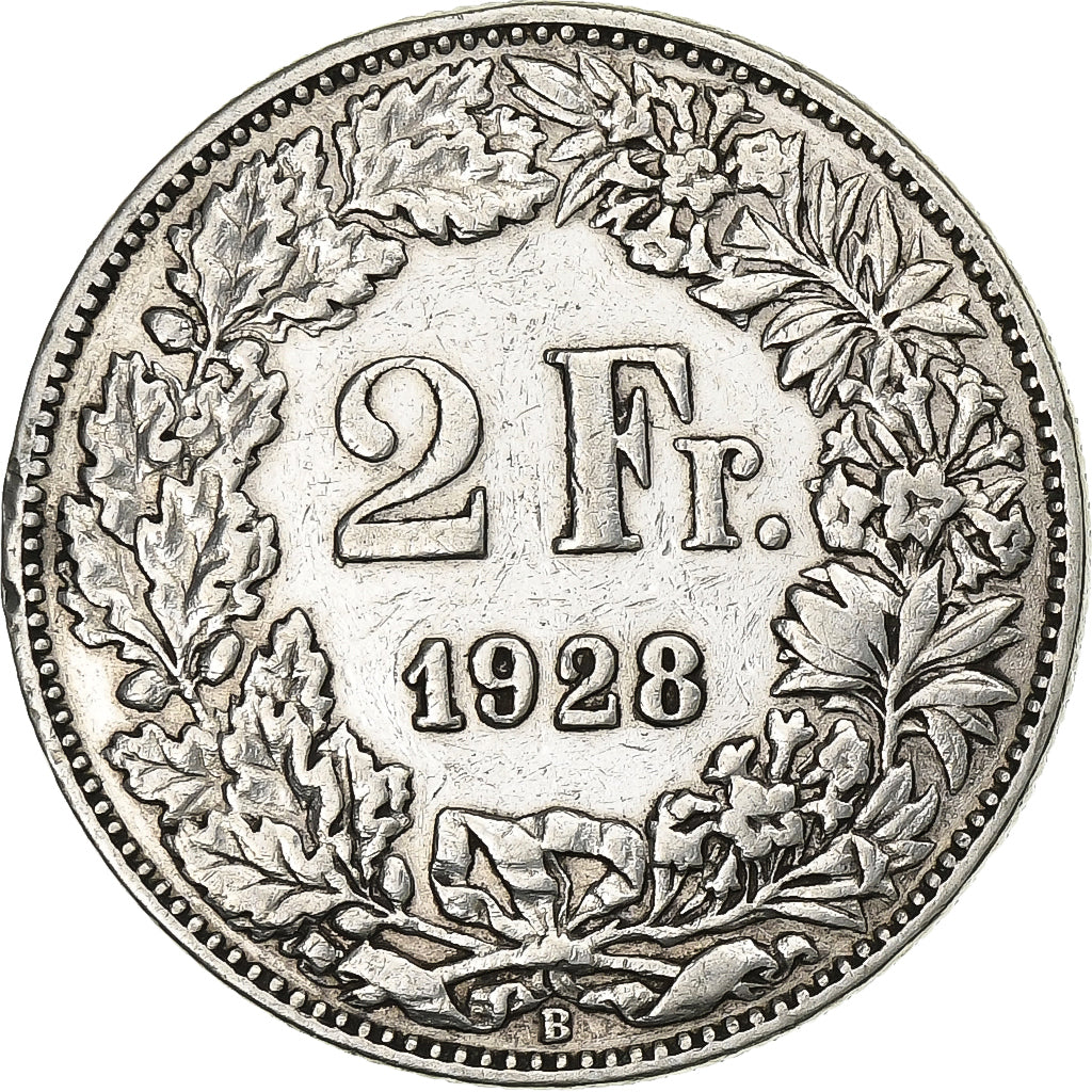 Suiza, 2 Francs, 1928, Bern, Plata, BC+, KM:21