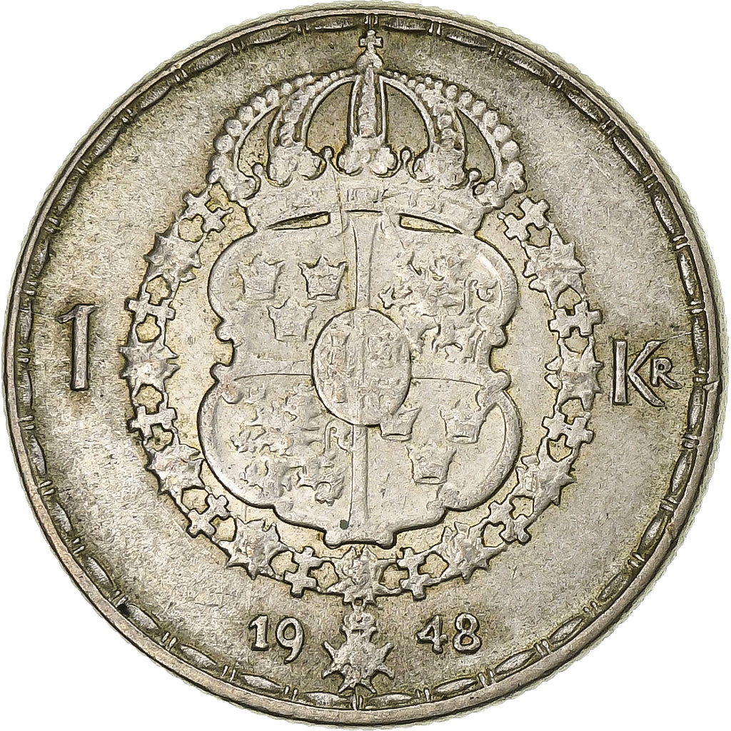 Suécia, Gustaf V, Krona, 1948, Prata, AU(50-53), KM:814