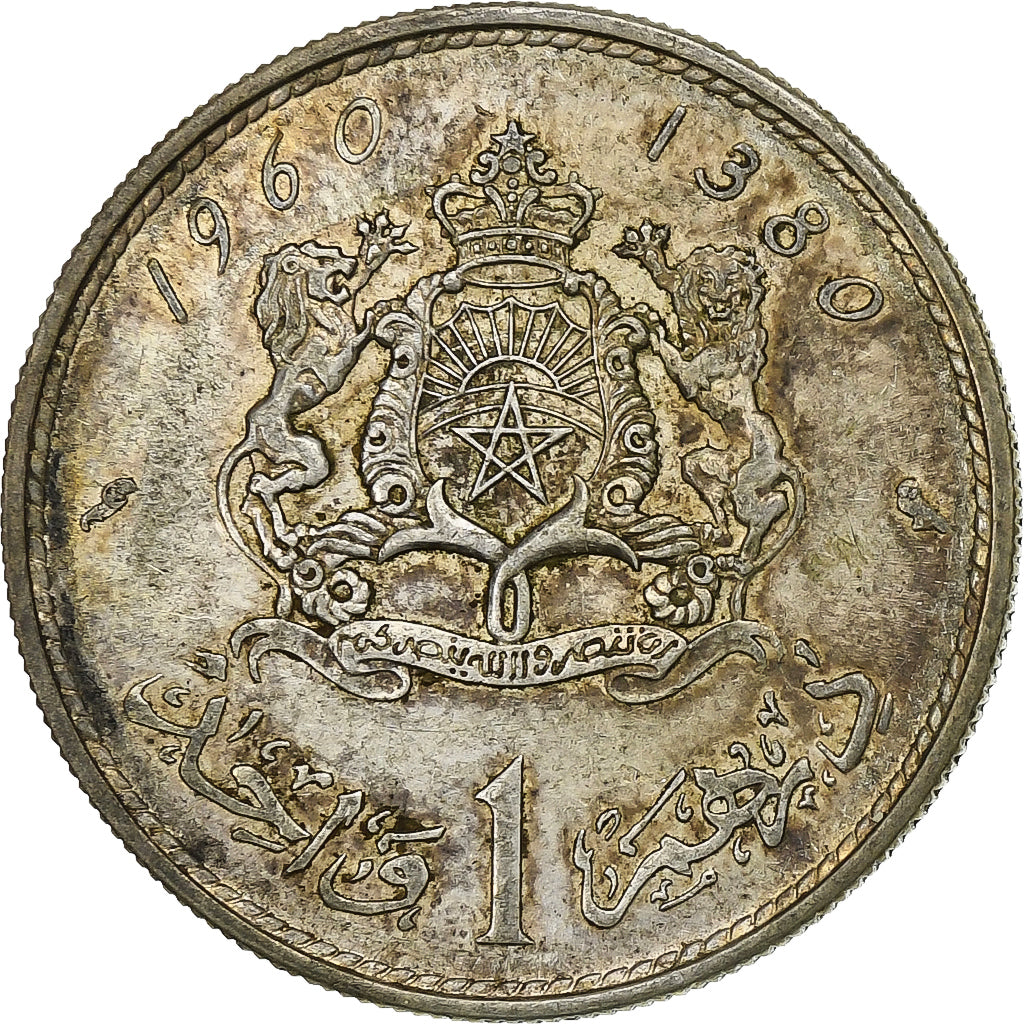 Marrocos, Mohammed V, Dirham, 1960 / AH 1380, Paris, Prata, VF(30-35), KM:55