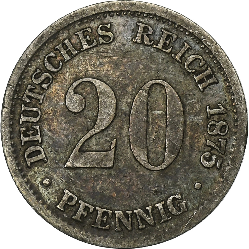 ALEMANHA - IMPÉRIO, Wilhelm I, 20 Pfennig, 1875, Munich, Prata, EF(40-45), KM:5