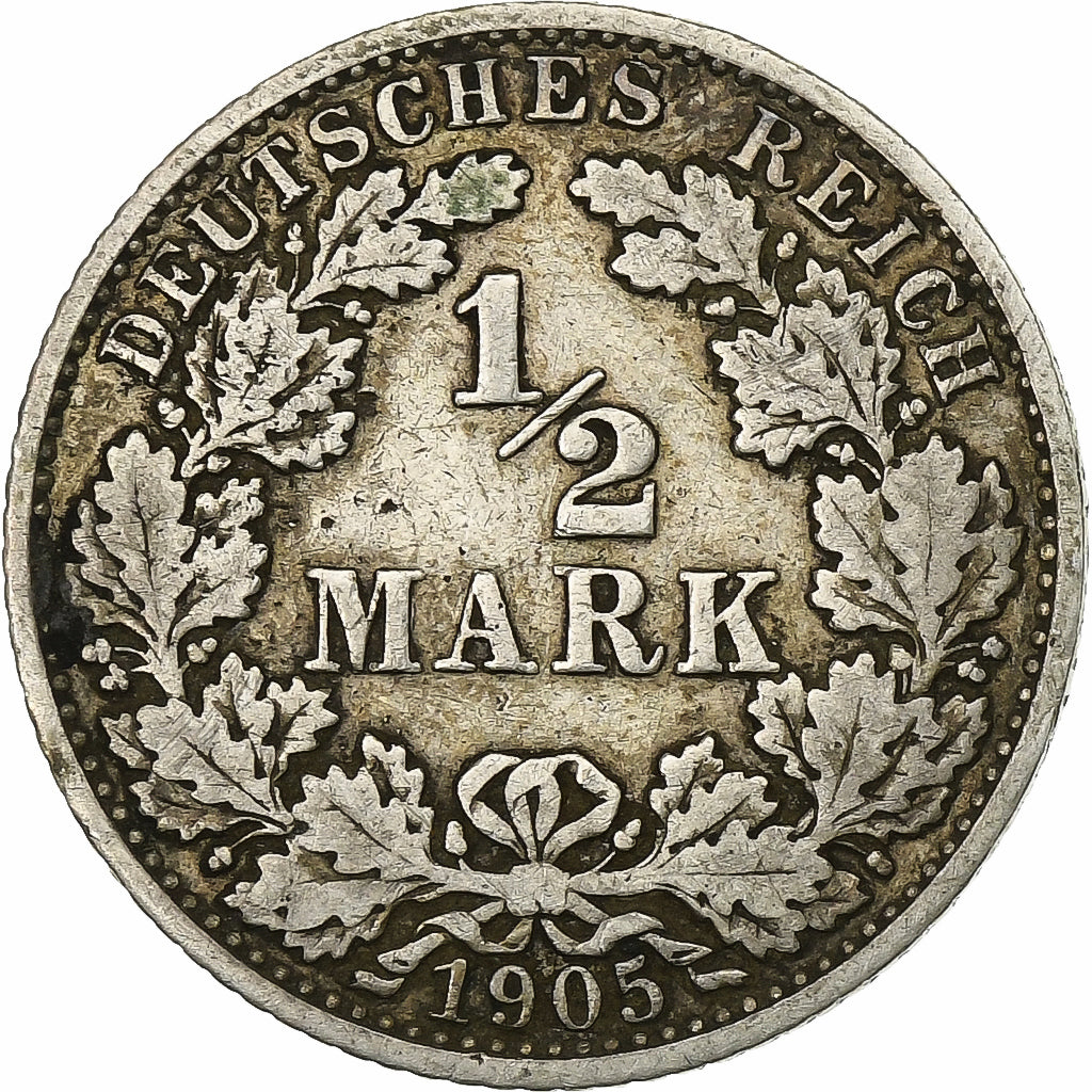 ALEMANIA - IMPERIO, 1/2 Mark, 1905, Berlin, Plata, BC+, KM:17