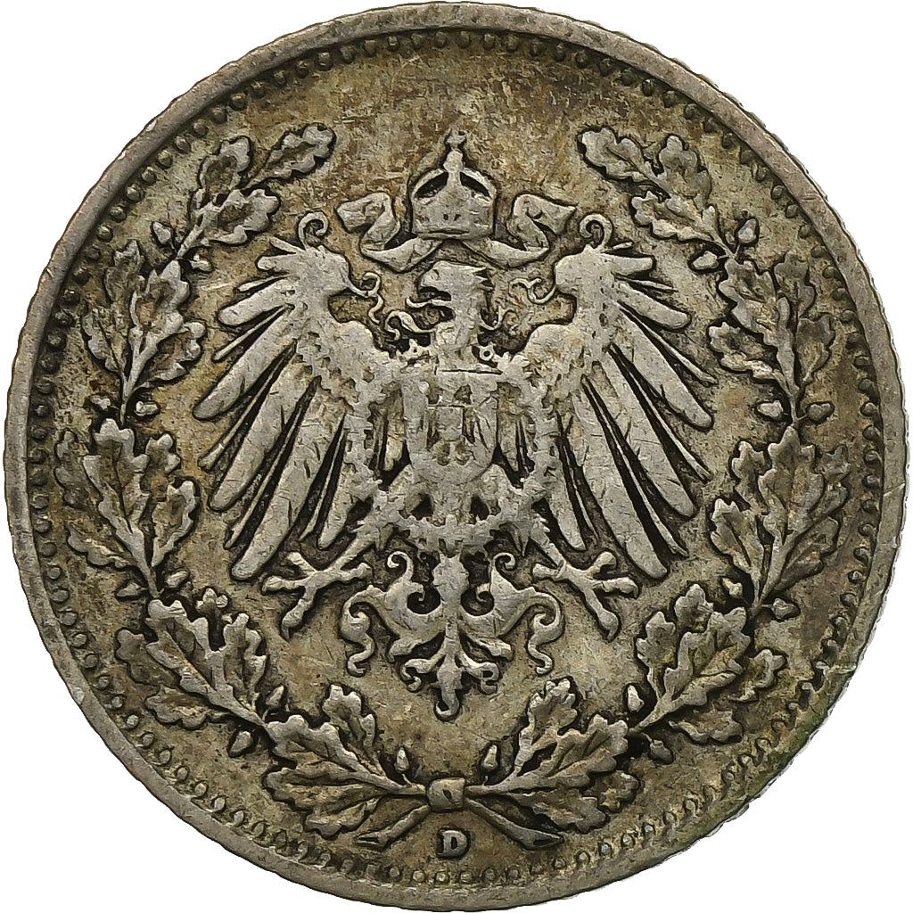 ALEMANIA - IMPERIO, 1/2 Mark, 1907, Munich, Plata, BC+, KM:17