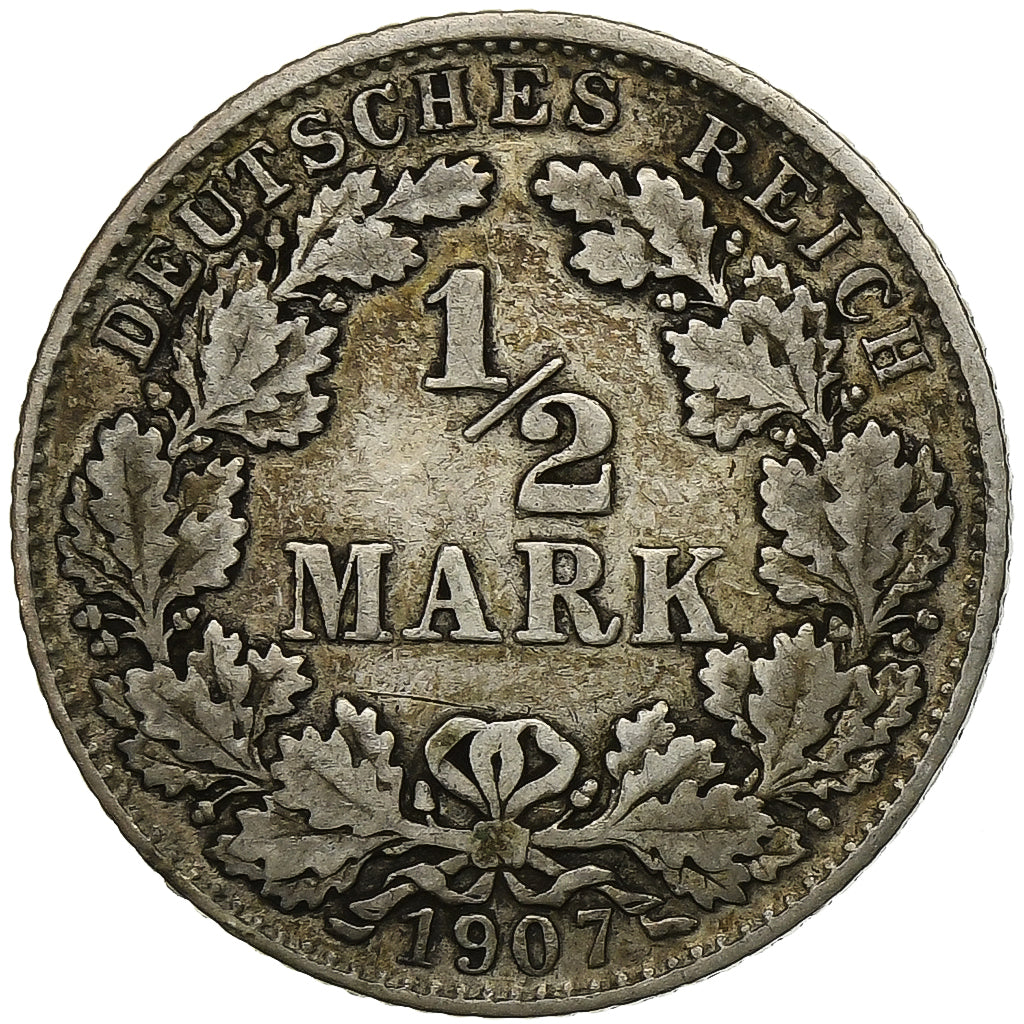 ALEMANIA - IMPERIO, 1/2 Mark, 1907, Munich, Plata, BC+, KM:17