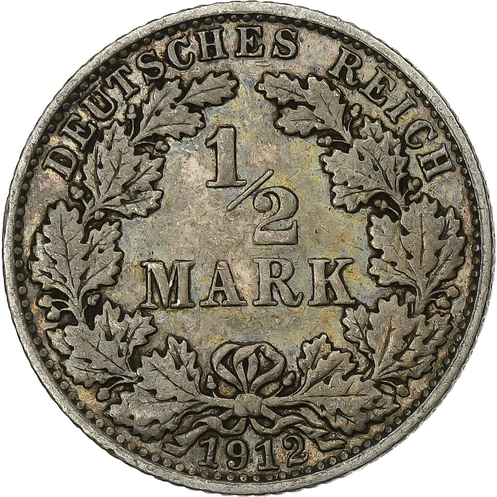 GERMANY - EMPIRE, 1/2 Mark, 1912, Muldenhütten, Silver, EF(40-45), KM:17