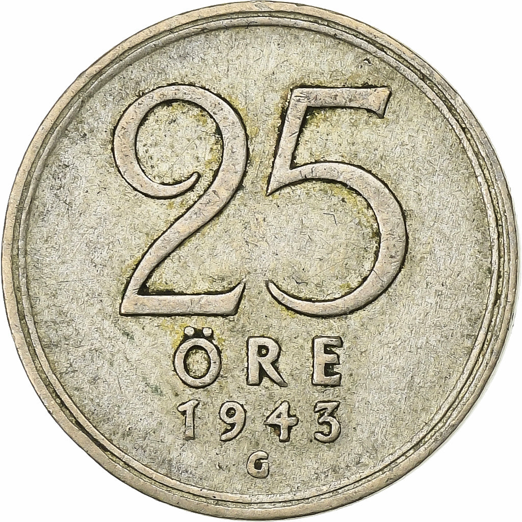 Suécia, Gustaf V, 25 Öre, 1943, Prata, EF(40-45), KM:816