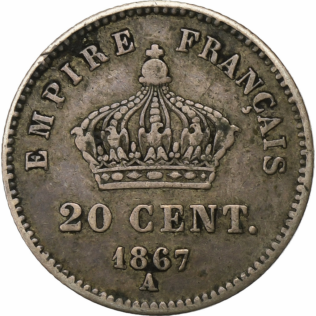 França, Napoleon III, 20 Centimes, 1867, Paris, Prata, VF(30-35), Gadoury:309