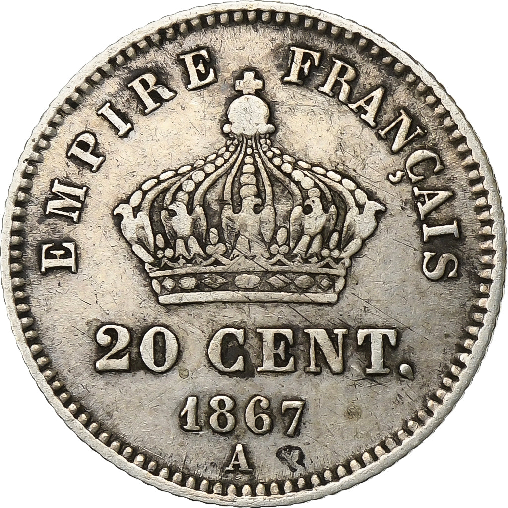 Francia, Napoleon III, 20 Centimes, 1867, Paris, Argento, BB, Gadoury:309