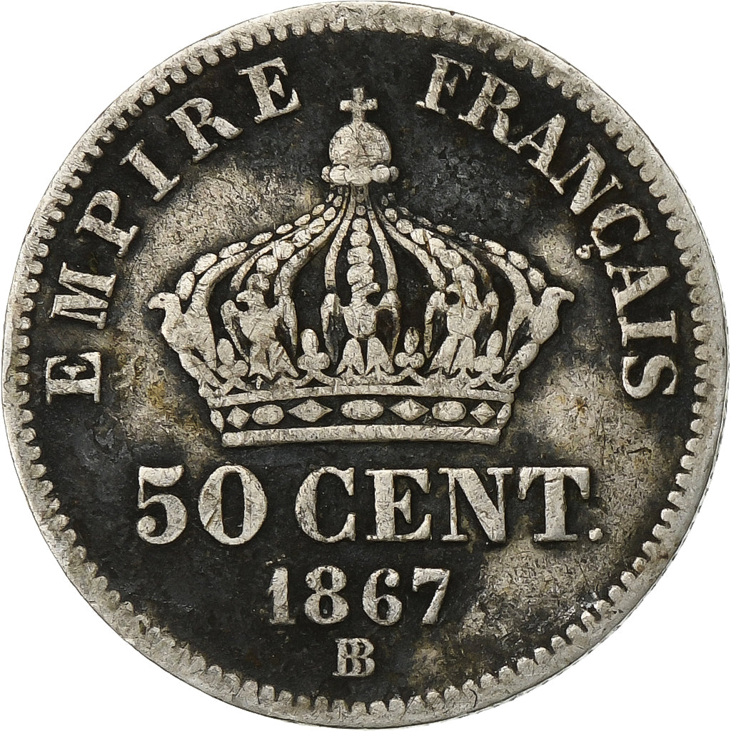 France, Napoleon III, 50 Centimes, 1867, Strasbourg, Silver, VF(20-25)