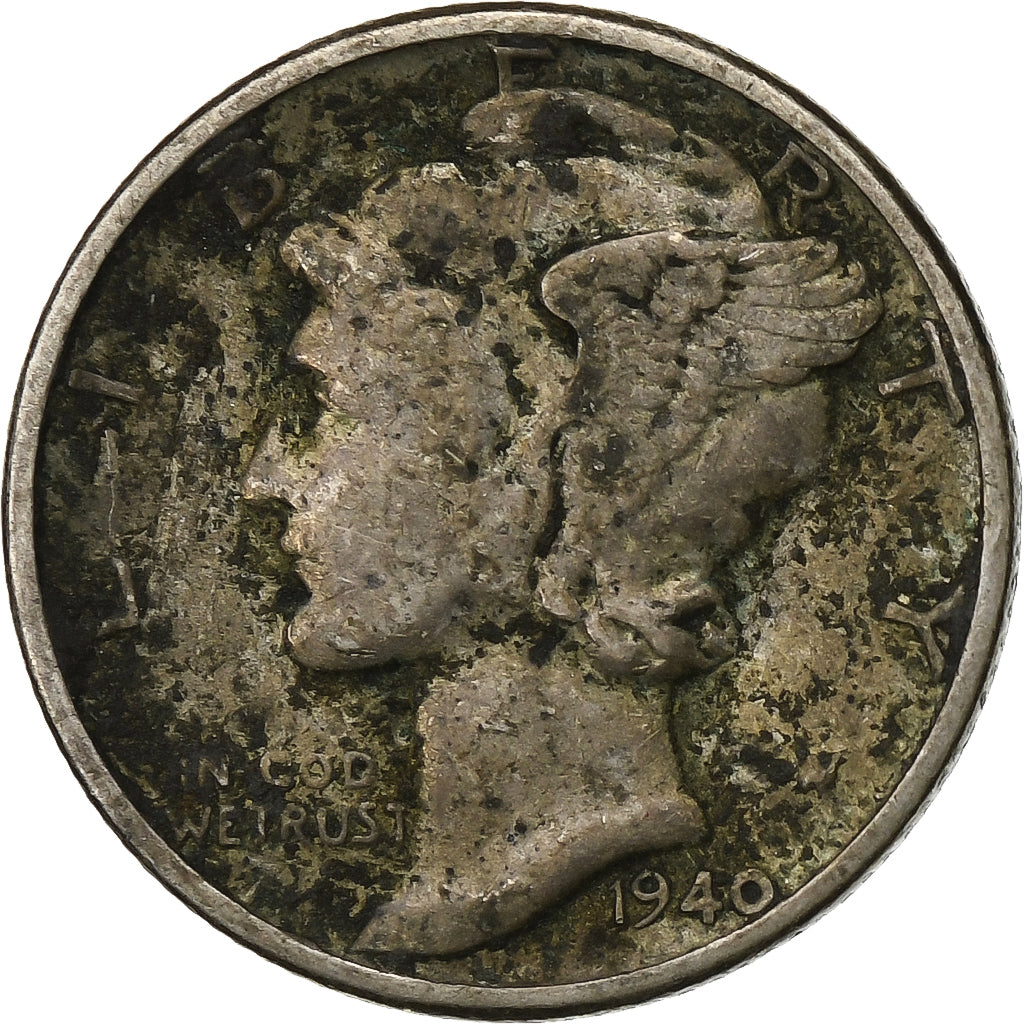 United States, Mercury Dime, 1940, Philadelphia, Silver, VF(20-25)