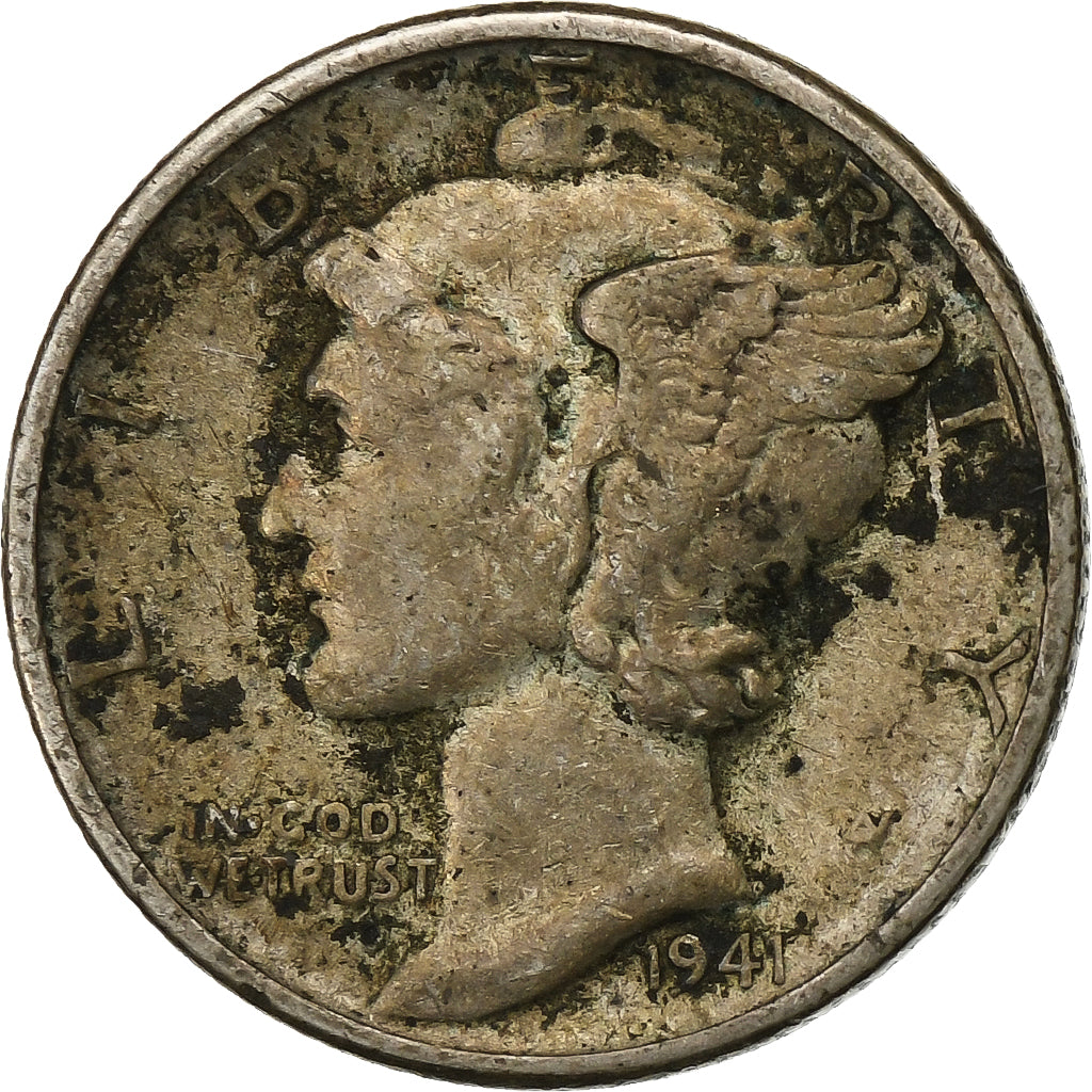 Estados Unidos, Dime, Mercury Dime, 1941, Philadelphia, Plata, BC+, KM:140