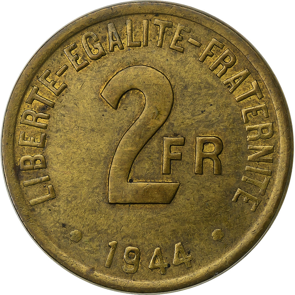 Francja, 2 Francs, France Libre, 1944, Philadelphia, Mosiądz, AU(50-53)