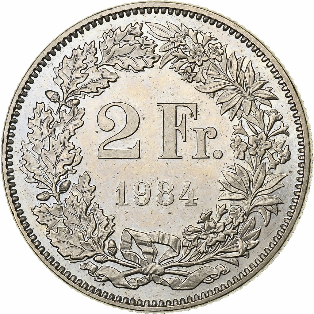 Szwajcaria, 2 Francs, 1984, Bern, Miedź-Nikiel, MS(63), KM:21a.3