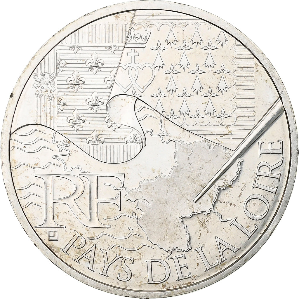 França, 10 Euro, Pays De La Loire, 2010, Paris, Prata, MS(64), KM:1665