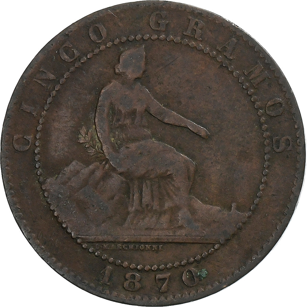 Spagna, Provisional Government, 5 Centimos, 1870, Barcelona, Rame, MB, KM:662