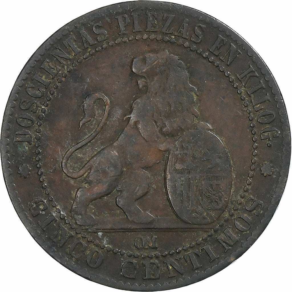 Spagna, Provisional Government, 5 Centimos, 1870, Barcelona, Rame, MB, KM:662
