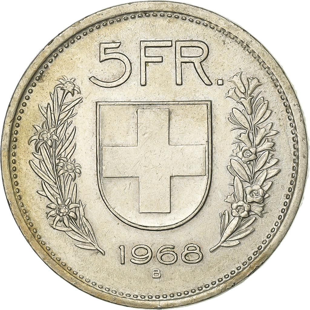 Schweiz, 5 Francs, Helvetia, 1968, Bern, Kupfer-Nickel, SS+, KM:40a.1