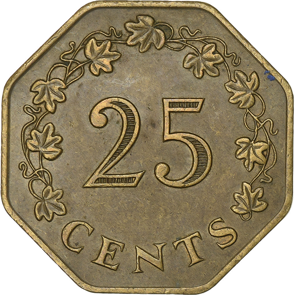 Coin, Malta, 25 Cents, 1975, EF(40-45), Brass, KM:29