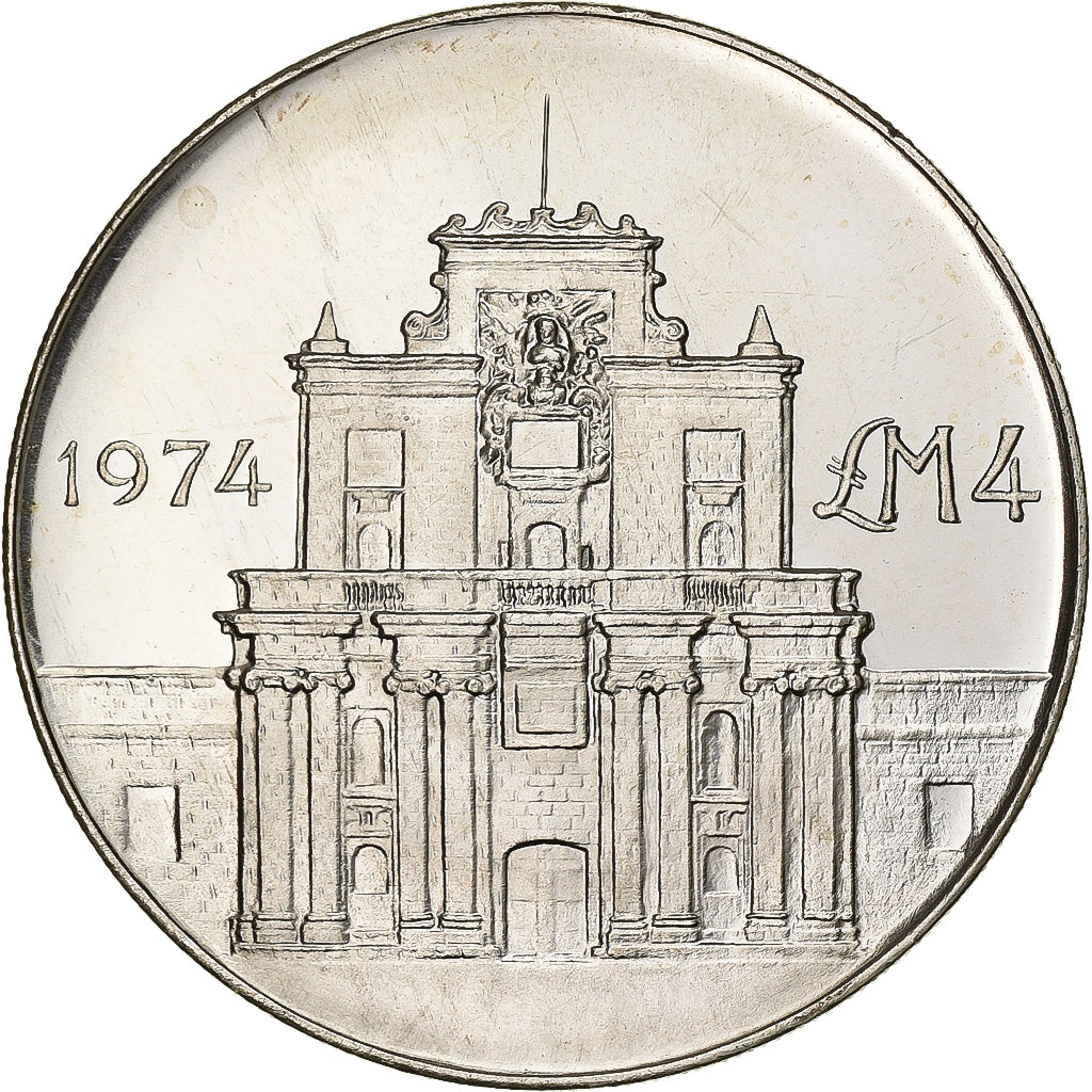 Malta, 4 Pounds, 1974, Prata, MS(63), KM:25