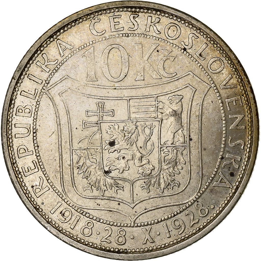 Cecoslovacchia, 10 Korun, 1928, Argento, BB+, KM:12