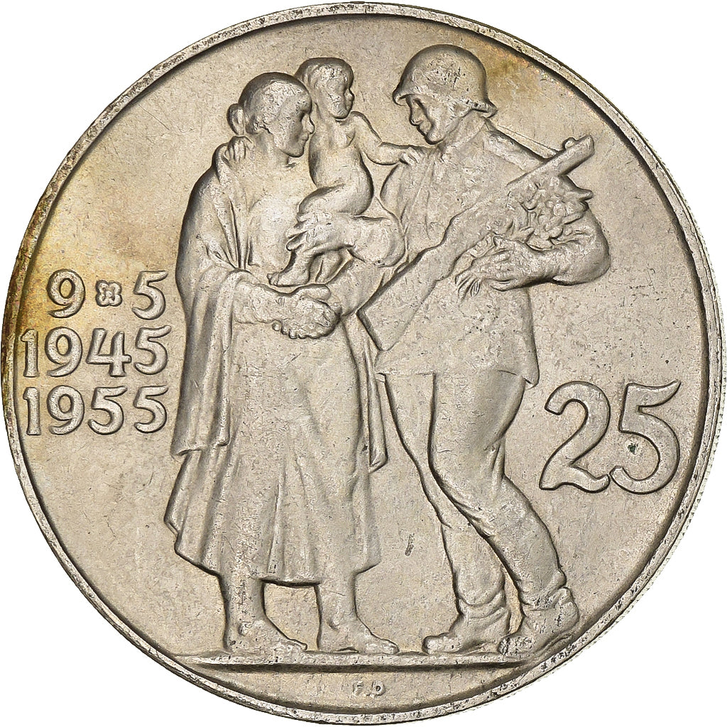Czechoslovakia, 25 Korun, 1955, Silver, AU(50-53), KM:43